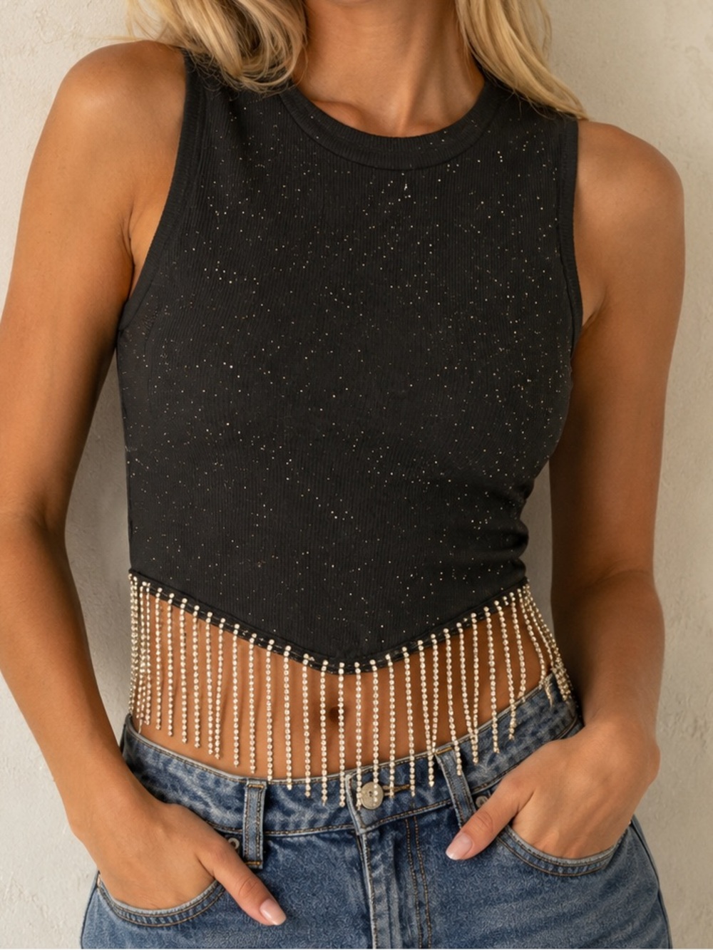 SHEIN Black Rhinestone Fringe Ribbed Crop Top